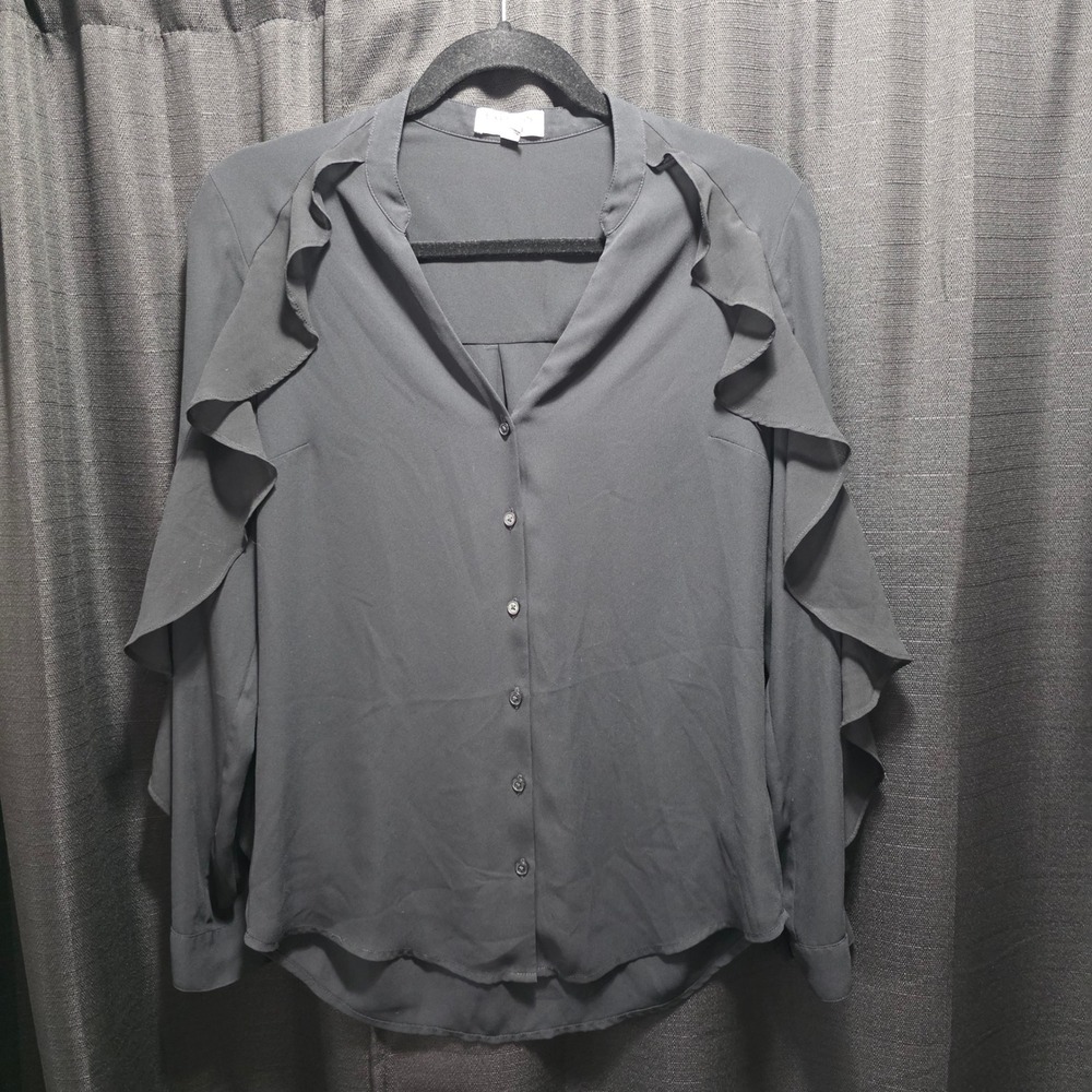 Express Black Portofino Shirt Slim Fit Ruffle Sleeve Button Down Blouse‎ Small